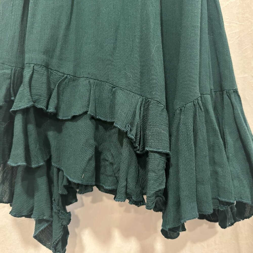 Emerald Green Lace Bodice Spaghetti Strap Dress | Ruffle Hem Boho Mini - Picture 4 of 4